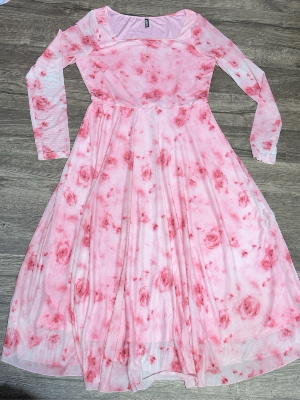 Blush Pink Floral Long-Sleeve Midi Dress with Square Neck Size L - Picture 2 of 10